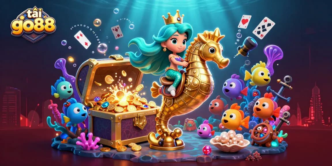 Activate adventure with tải go88, featuring a vibrant underwater scene of a mermaid princess and her seahorse on a treasure quest.