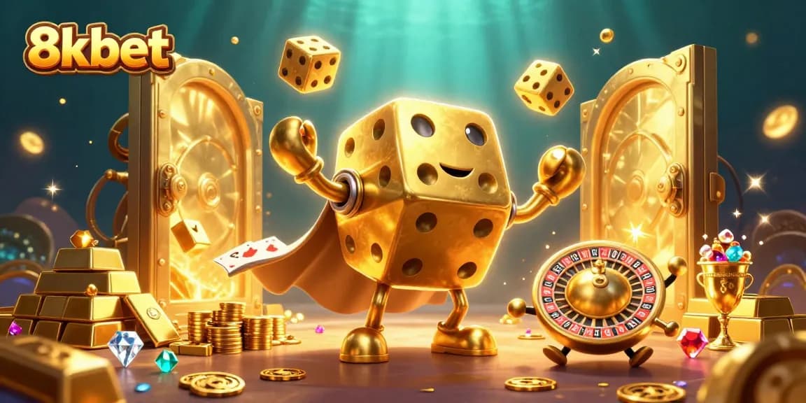 Engage with 8xbet's thrilling casino experience with golden dice creatures and dazzling treasures.