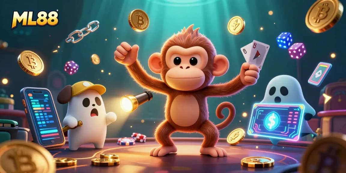 ML88 casino adventure with a poltergeist monkey juggling gold among Bitcoin coins and a curious puppy.