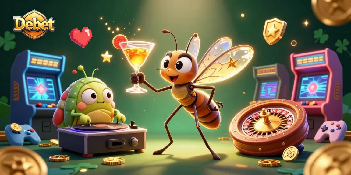 Engage in excitement with Debet's unique casino gaming scene featuring lively characters.