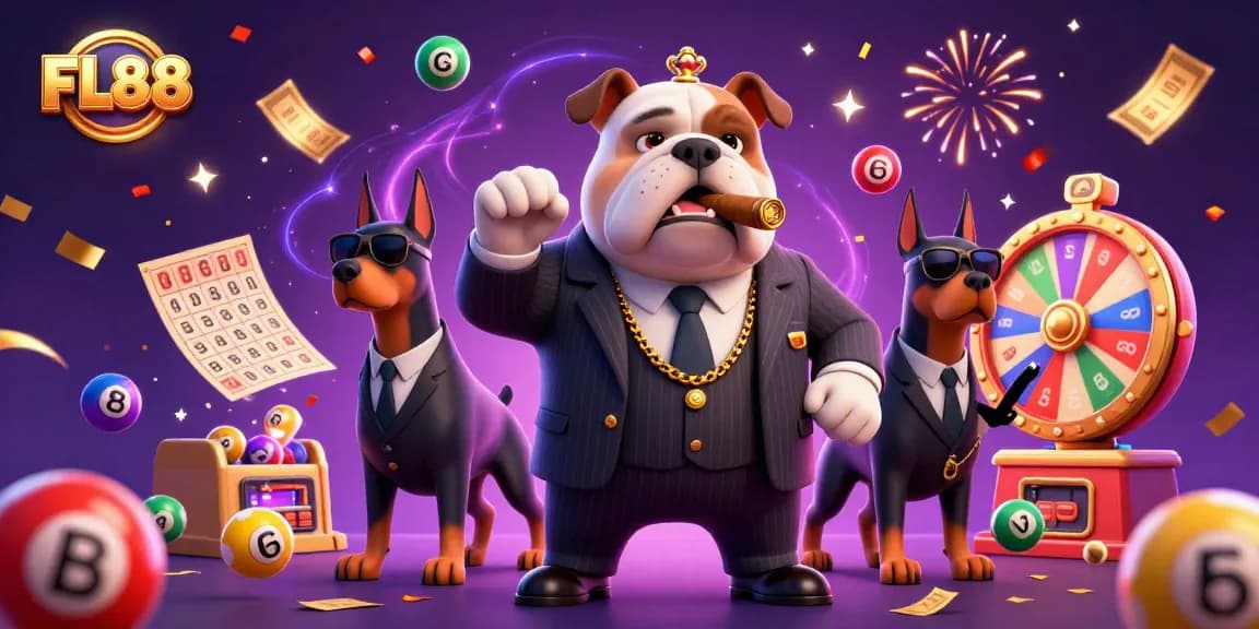 FL88 showcases a dynamic scene of cartoon mafia characters celebrating with colorful gambling elements.