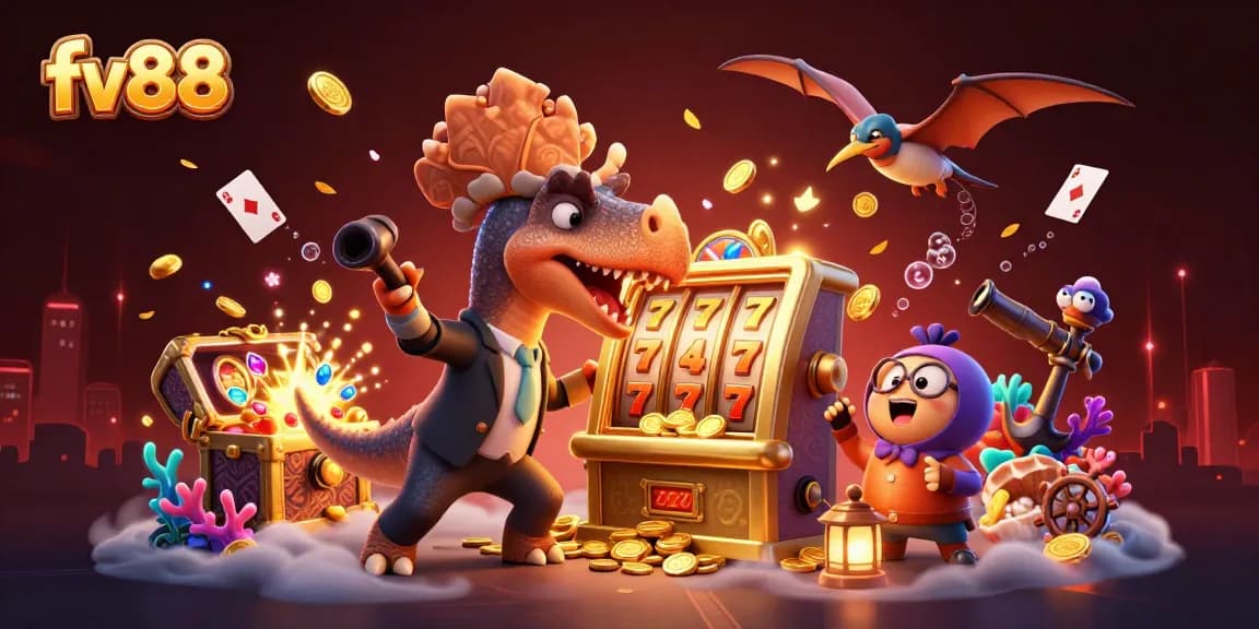 Experience fv88’s dynamic casino adventure with a 3D dinosaur hitting a jackpot slot machine.