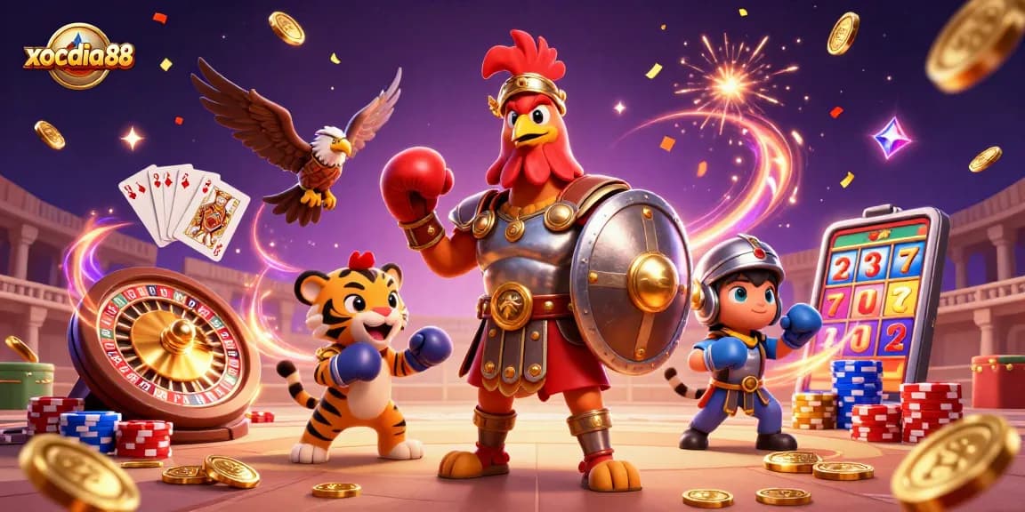 Xocdia88 captures the excitement of online gambling with gladiator characters amidst vibrant casino elements.