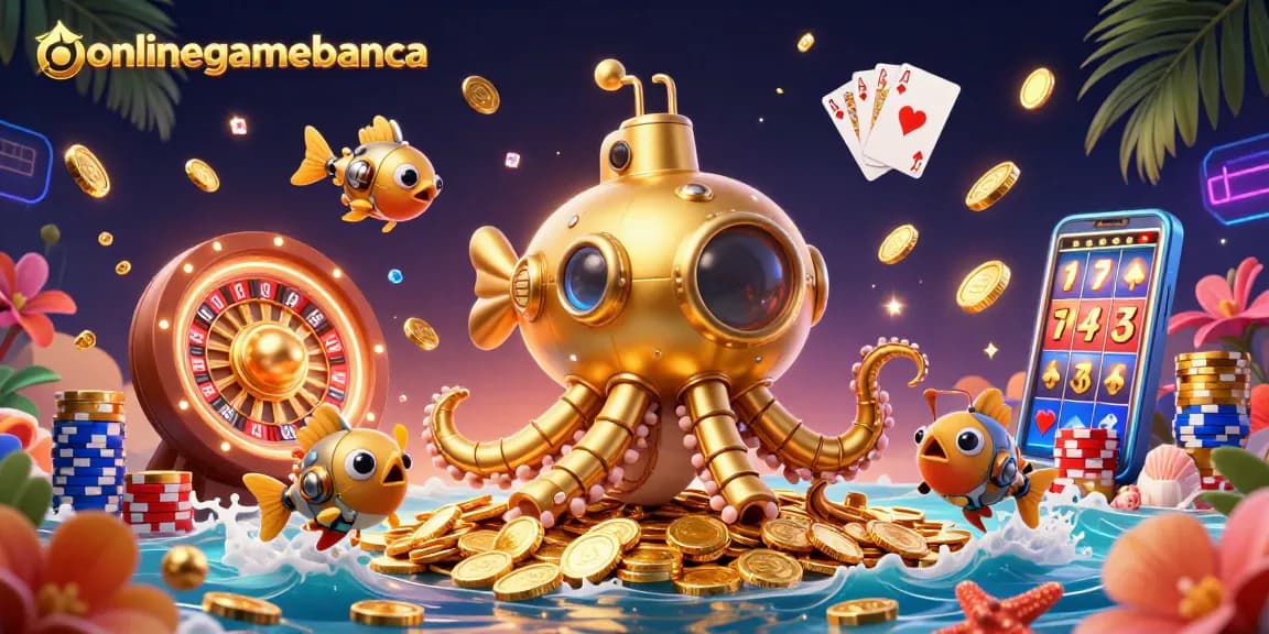 Win big with onlinegamebanca's dynamic 3D cartoon gaming illustration featuring a kraken and casino treasures.