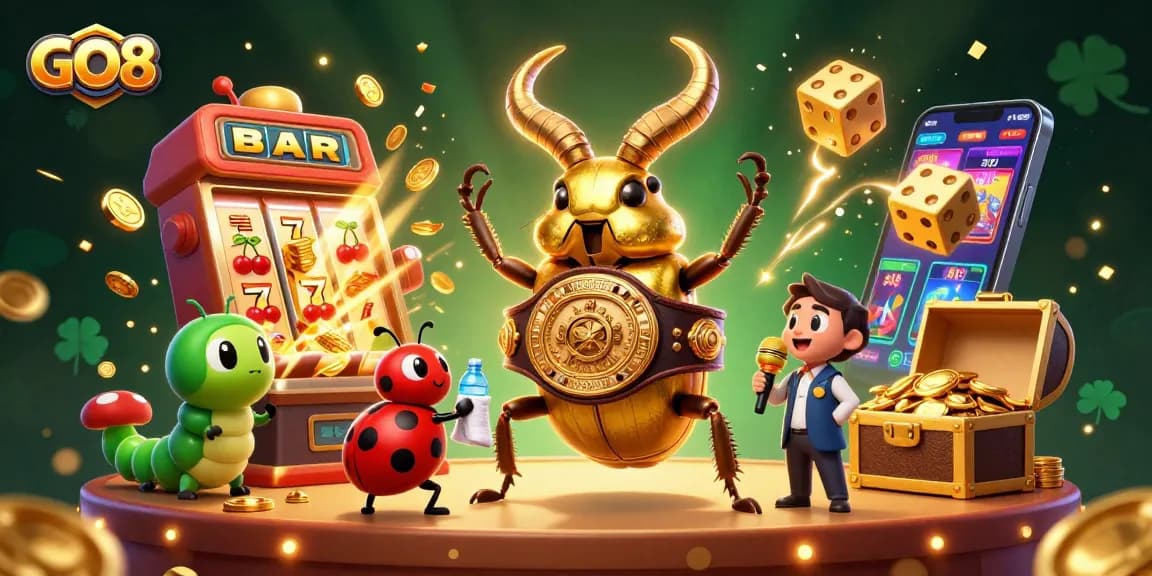 Experience thrilling jackpots with GO8 as a golden stag beetle takes center stage in a vibrant casino