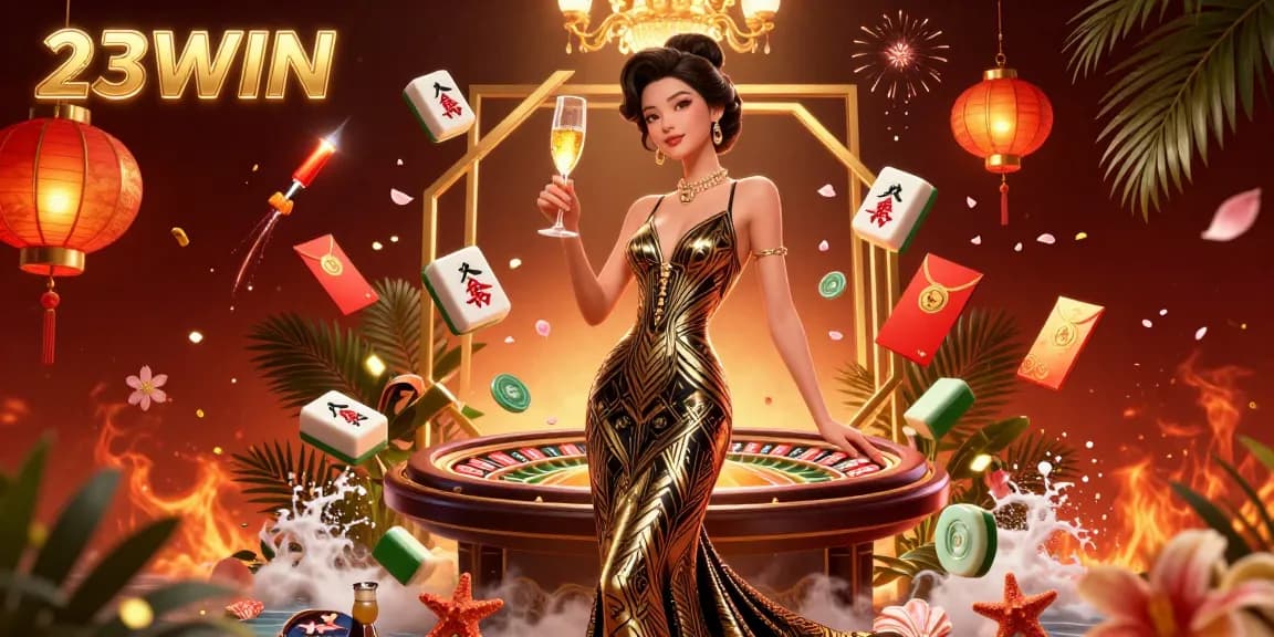 Engage in exciting gaming experiences with the vibrant atmosphere of 23WIN casino, featuring an elegant woman.