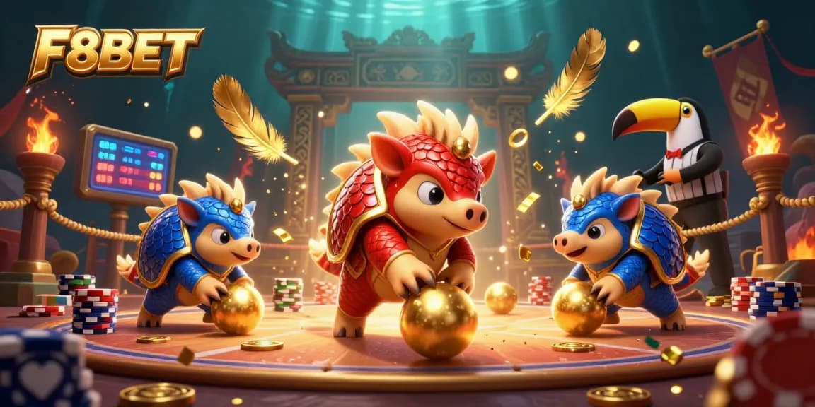 Experience F8BET's thrilling gaming atmosphere with a dynamic scene of rival pangolins amidst poker chips and golden coins.
