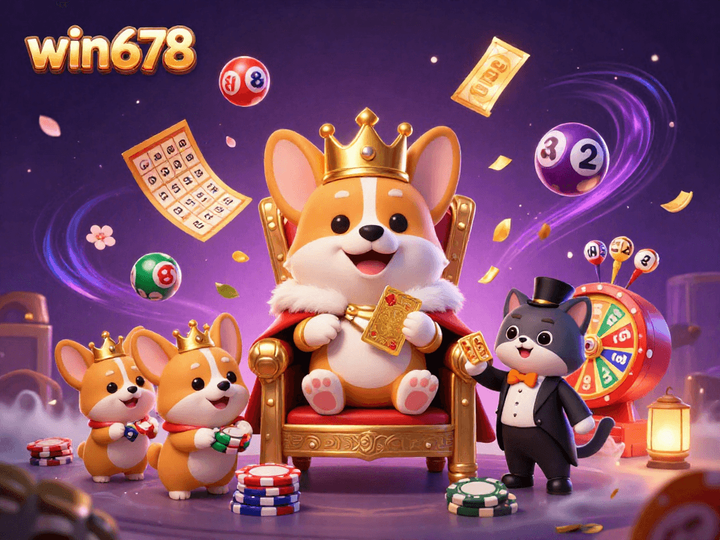 Win678's vibrant online casino scene showcasing a royal corgi and a cat butler amidst dynamic lottery elements.