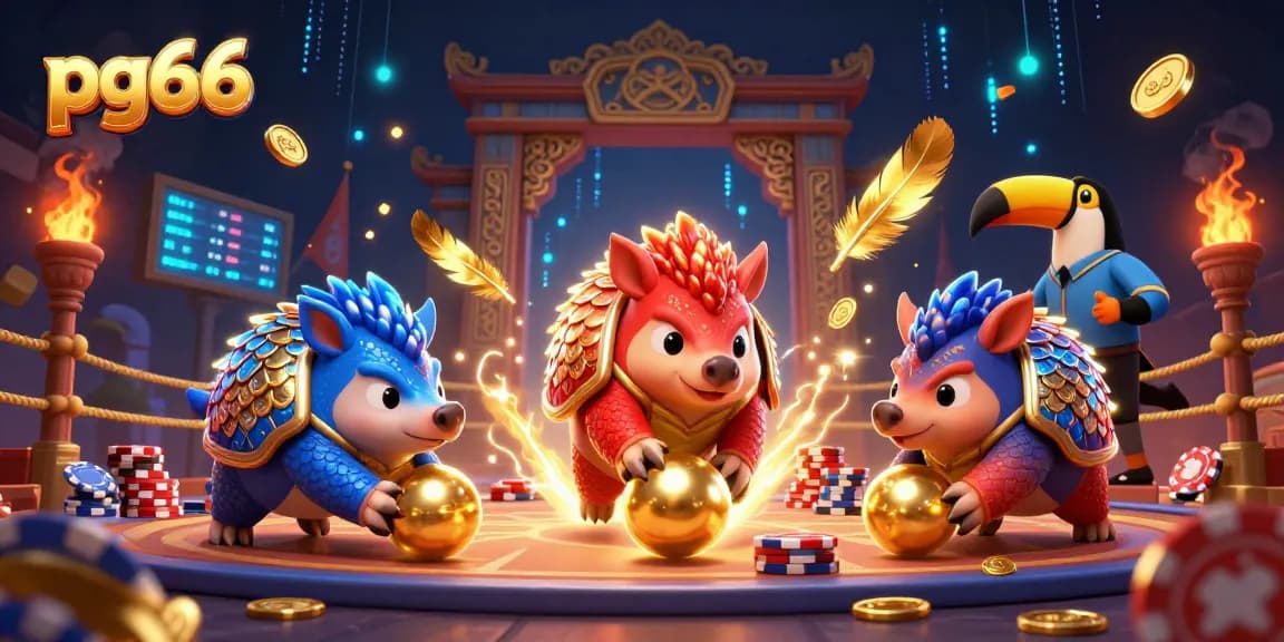 Engage in thrilling gameplay at pg66 with vibrant pangolins rolling golden balls through poker chips.