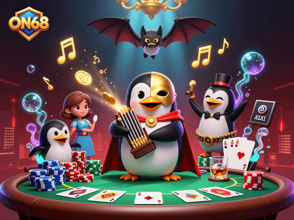 Engage with ON68's lively casino atmosphere featuring a phantom penguin playing for treasures.