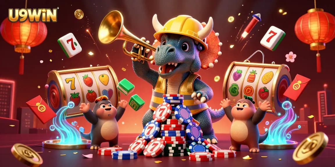 Join the fun with U9WIN as a triceratops builds poker chip pyramids in a vibrant casino scene!