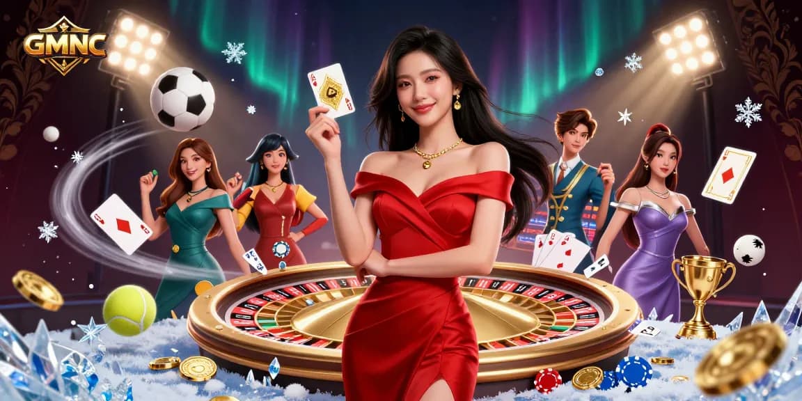 Experience winning excitement at GMNC Casino with a stunning woman and golden roulette.