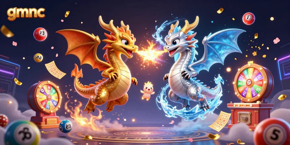 Experience thrilling action with gmnc as gold and silver dragons battle in a vibrant casino scene.