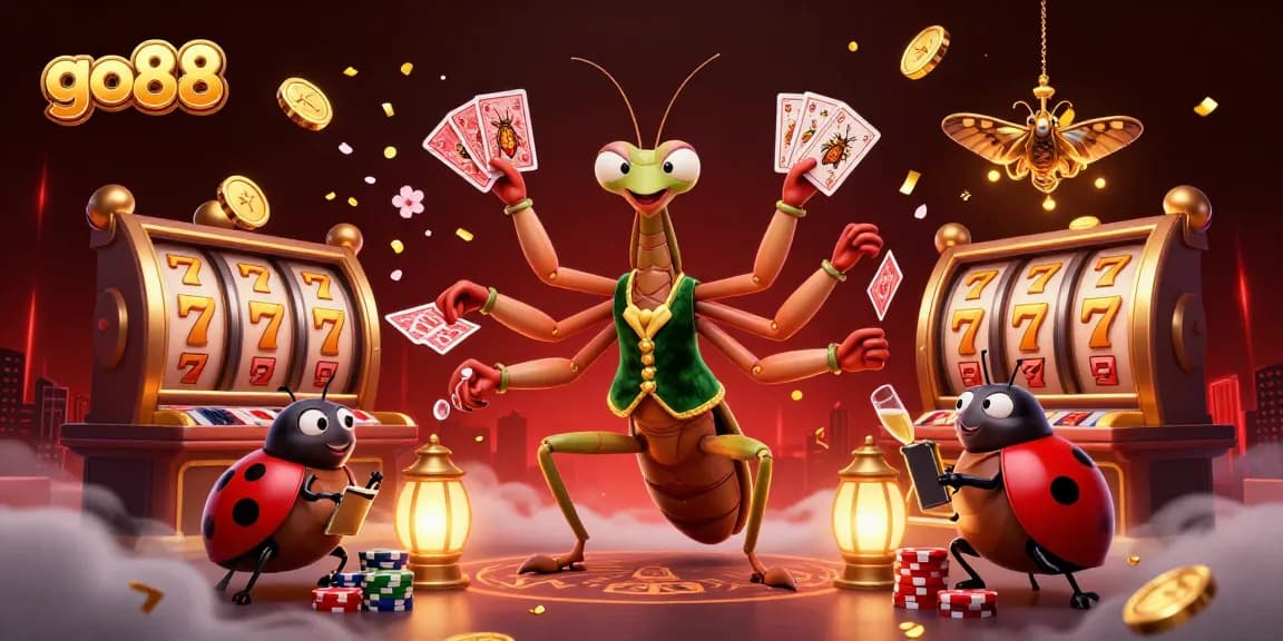 Experience go88 casino action with a vibrant 3D scene featuring a mantis card sharp and a ladybug pit boss.