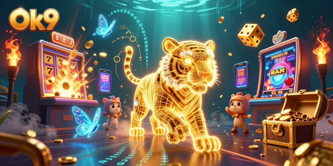Experience the thrill of winning at Ok9's vibrant casino with a dynamic scene of a golden tiger and dazzling elements.