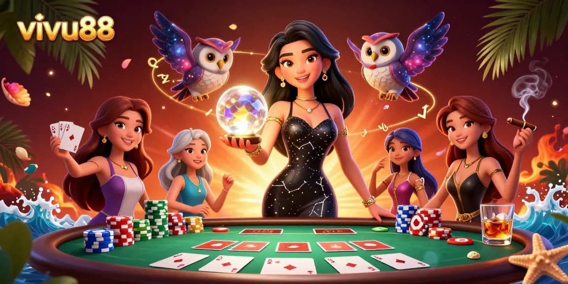 Experience electrifying gaming with vivu88 showcasing a 3D woman, poker elements, and a mystical owl.