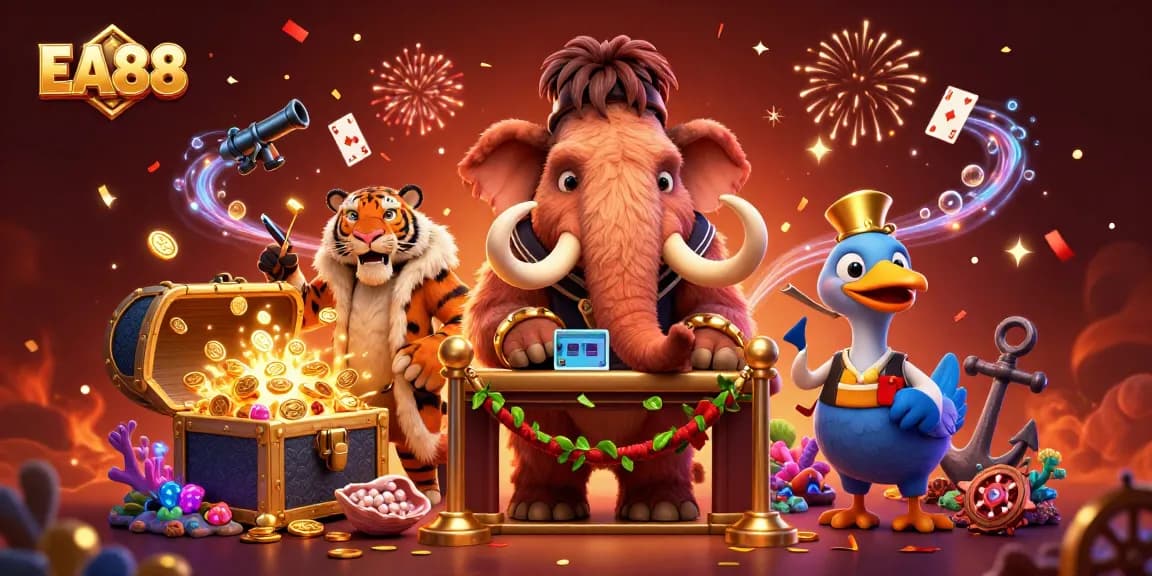 Engage in exciting gaming at EA88 with a vibrant scene featuring a woolly mammoth bouncer and additional casino motifs.