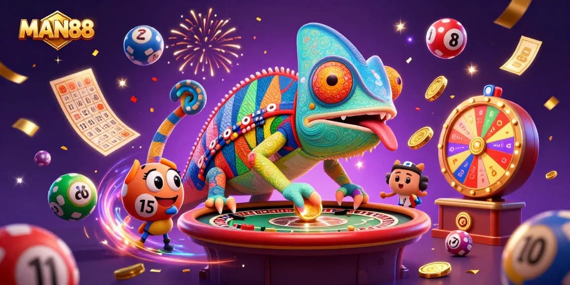 Watch the vibrant chameleon casino owner at MAN88 collect golden coins in a rich gaming atmosphere.
