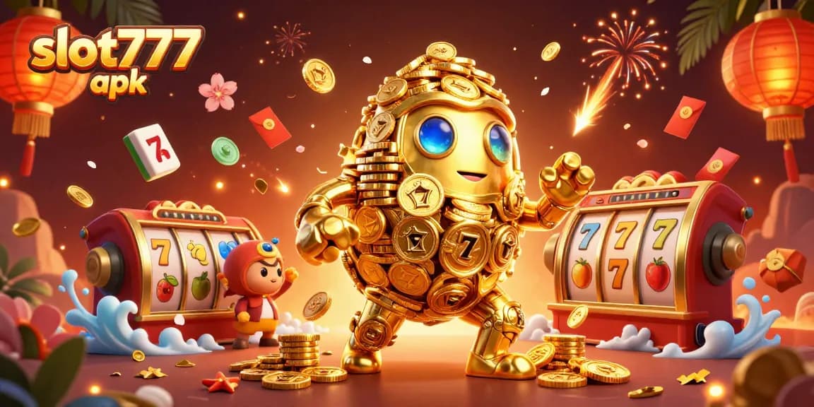 Play and win big with slot777 apk, featuring a golden golem and vibrant casino elements.