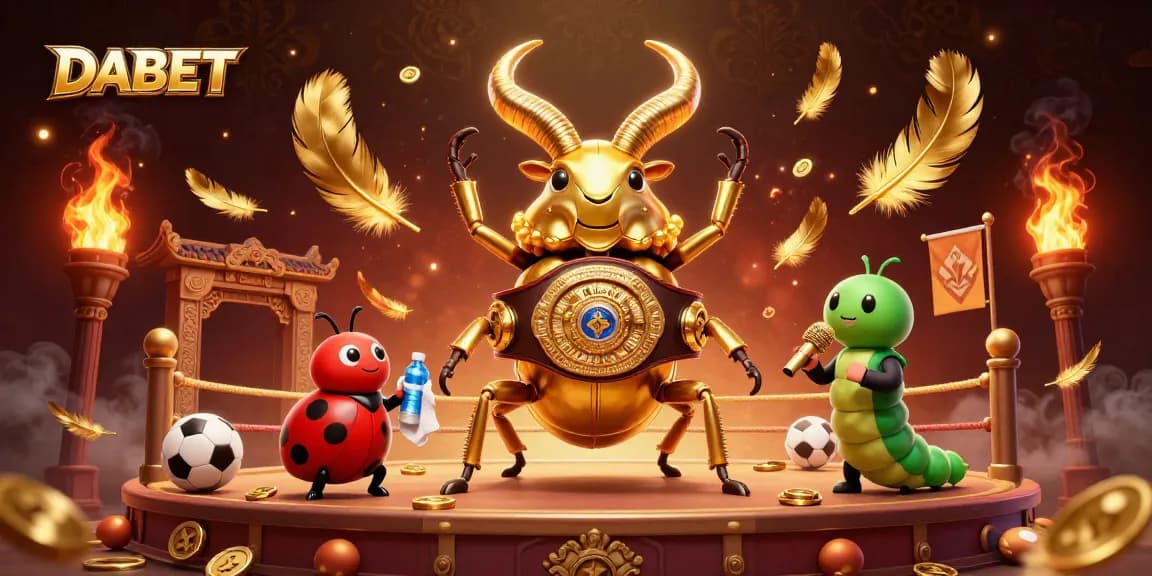 DABET showcases an energetic scene with a golden stag beetle champion boxing in a dynamic sports betting arena.