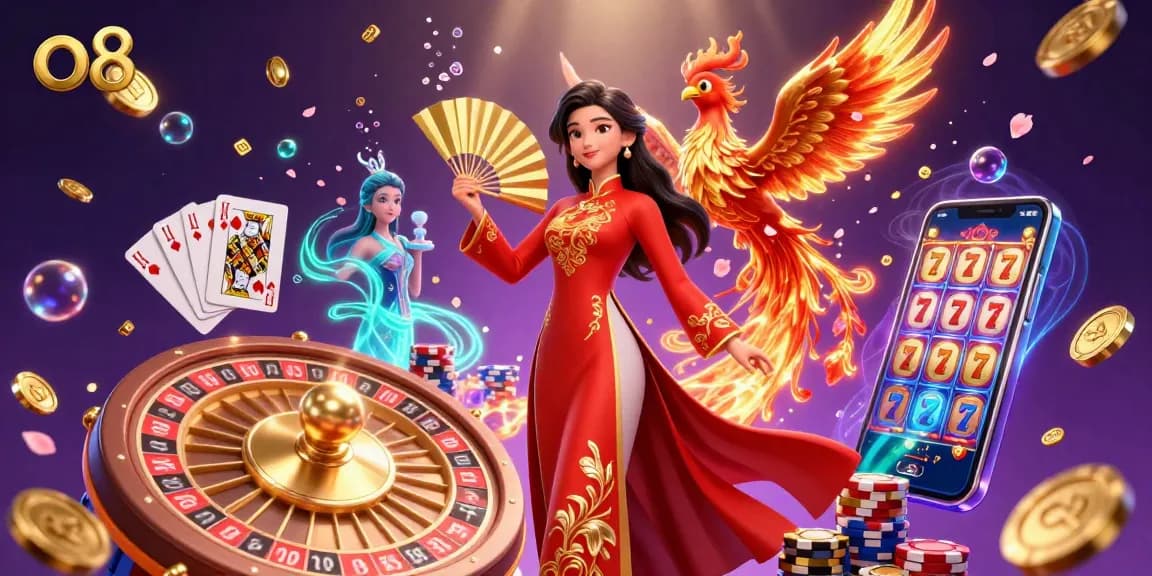 Win big at o8 with an enchanting scene featuring a woman in ao dai and a phoenix amidst golden coins and casino excitement.