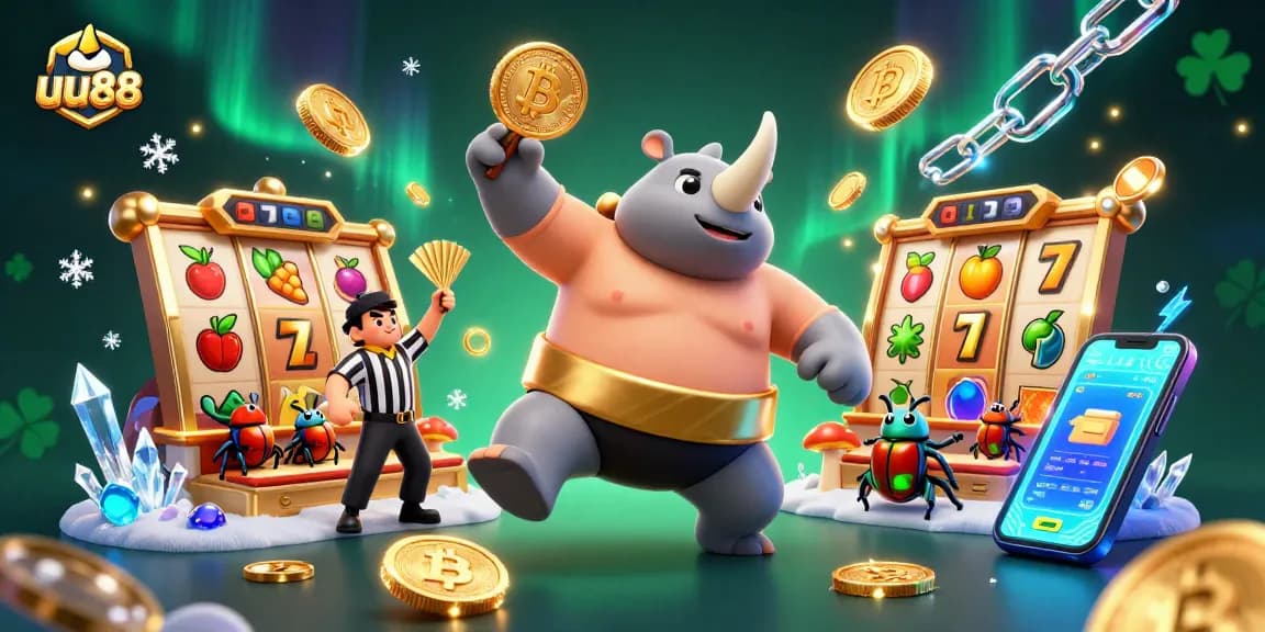 Experience the thrill of uu88 with a cartoon sumo beetle champion stomping coins in a dynamic casino scene.