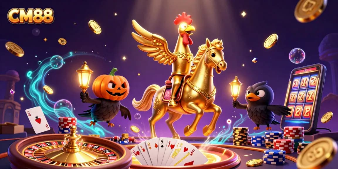 Experience thrilling gaming at CM88 with a golden rooster navigating a lively casino scene.