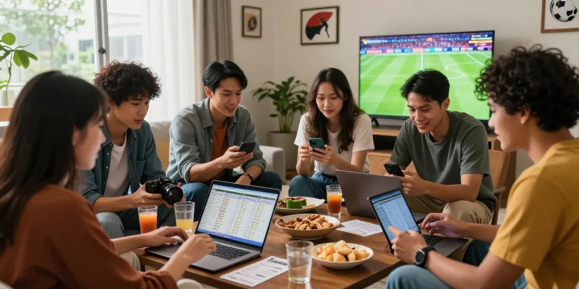 Friends enjoying taruhan mix parlay Bola88 while discussing sports in a lively living room.