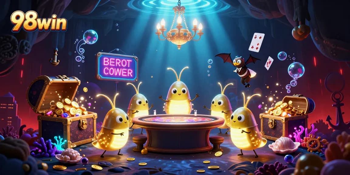 Engage in thrilling gameplay at 98win as glowworms illuminate a vibrant casino scene.