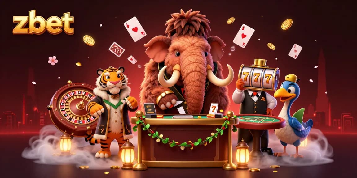 Zbet welcomes players with a lively casino scene featuring a woolly mammoth, saber-tooth tiger, and dodo bird.
