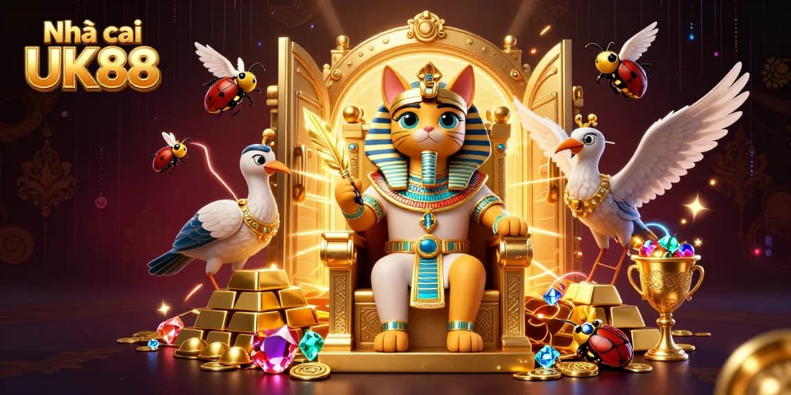 Engage with Nhà cái UK88's thrilling casino scene featuring treasures and a regal Egyptian cat.