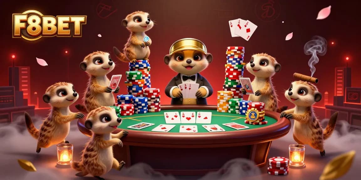 F8BET meerkats cleverly managing a vibrant casino scene with poker elements and colorful chips.