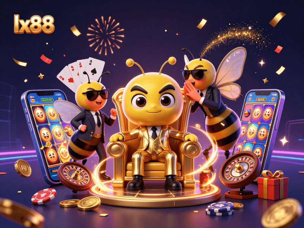 Experience thrilling gameplay at lx88 with a lively casino scene showcasing colorful slot games and dynamic characters.