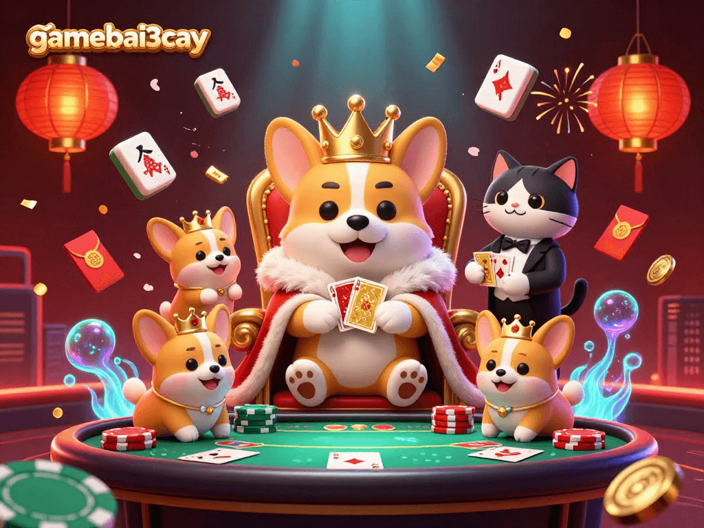 Join the 3D cartoon royal corgi on a poker chip throne with gamebai3cay's exciting casino elements.
