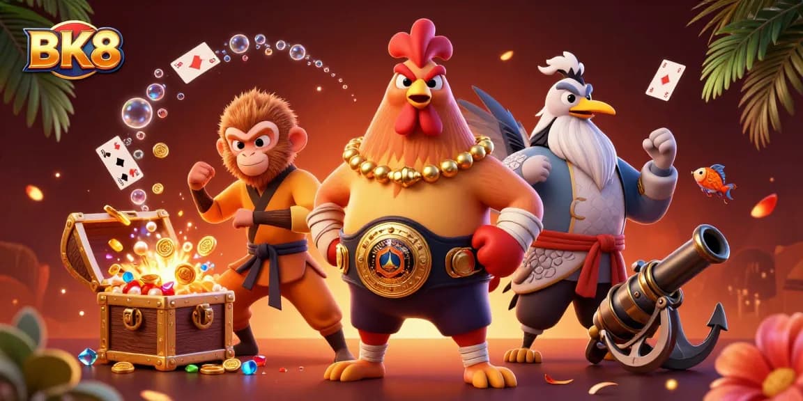 Engage with thrilling BK8 gaming action featuring a vibrant Muay Thai rooster, Shaolin monkey, and wise crane amidst treasure and playing cards.
