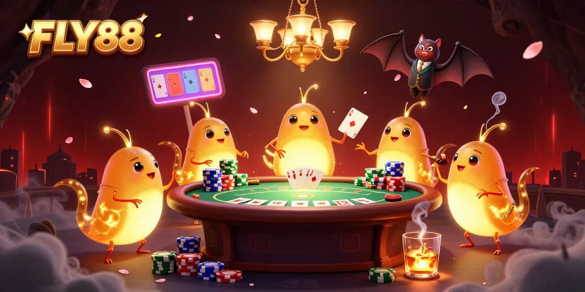 FLY88 offers an exciting casino experience as glowworms illuminate poker tables in a vibrant scene.