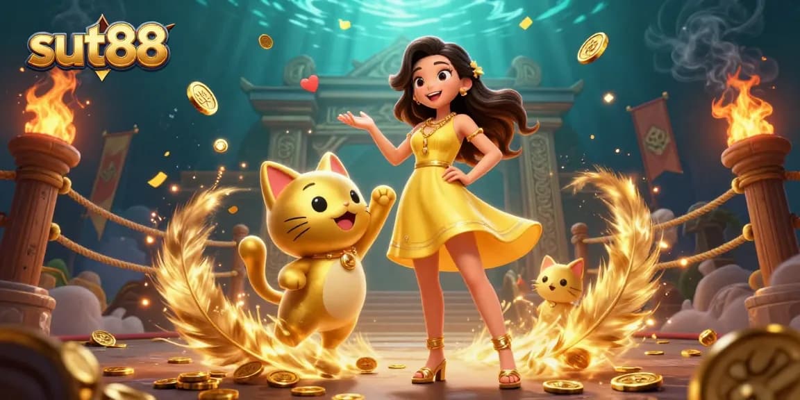 Sut88 engages players with a charming Asian woman and golden lucky cat amid vibrant casino elements.