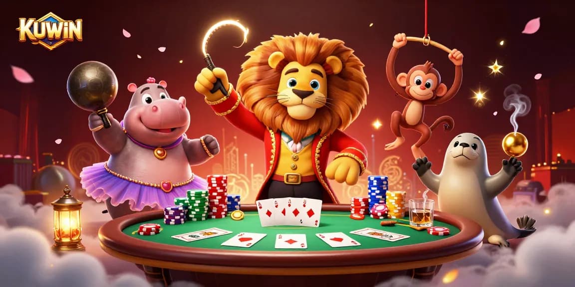 KUWIN showcases a vibrant 3D cartoon scene with poker elements and playful characters.