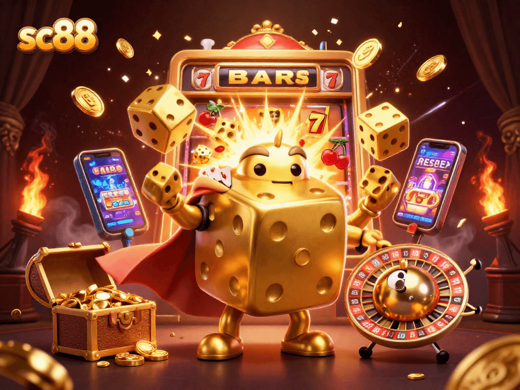 Engage with sc88’s thrilling casino experience through an animated depiction showcasing vibrant gaming elements.