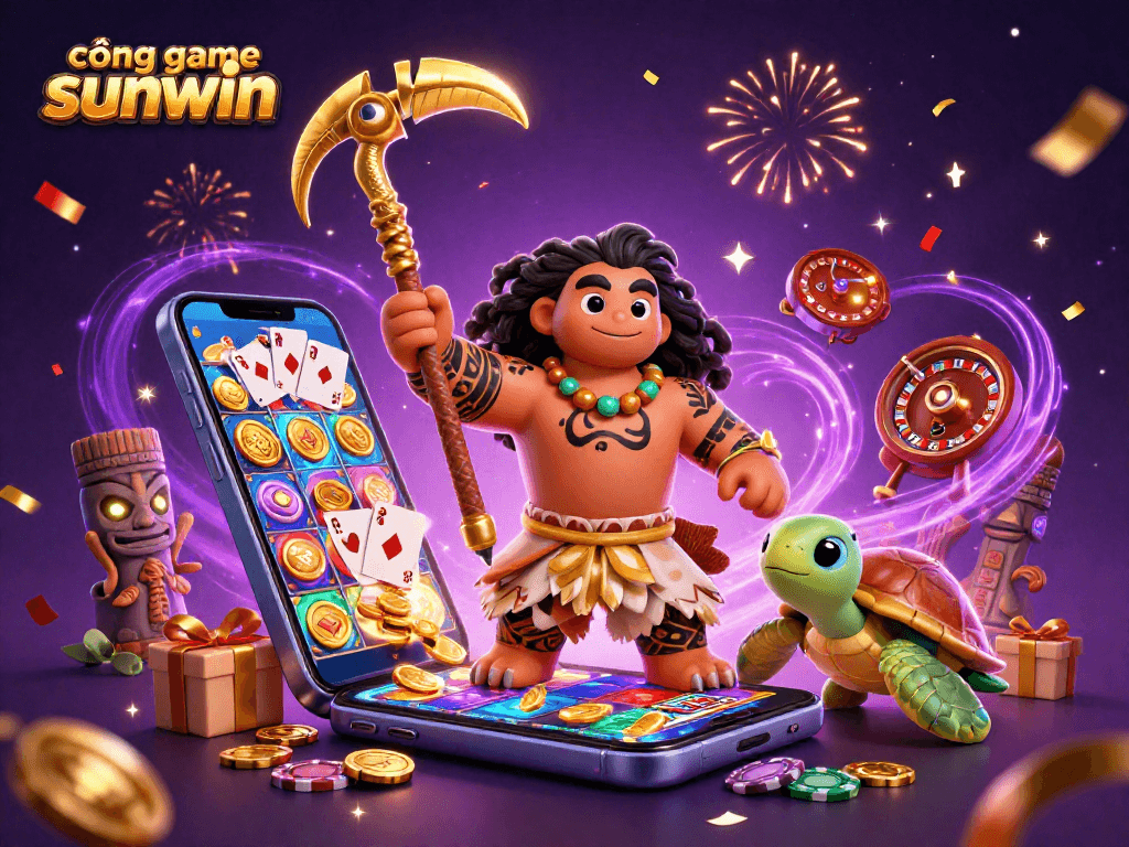 Spin the reels on cổng game sunwin with a vibrant 3D casino illustration showcasing exciting gaming elements.