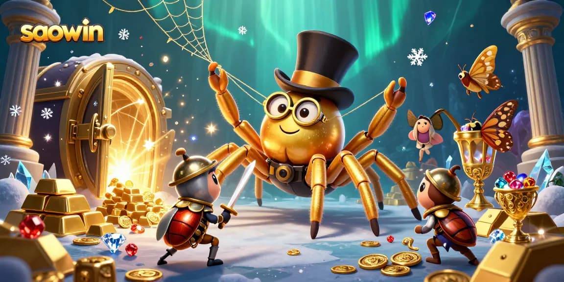 Engage with saowin's thrilling casino atmosphere featuring a golden tarantula and knight in a vibrant setting.