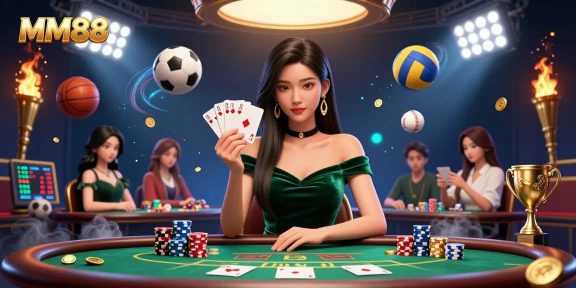 Experience the thrilling gameplay at MM88's luxury poker table, featuring dynamic sports elements.