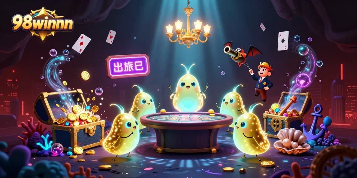 Engage with 98winnn as worms illuminate a casino with their glowing tails in an underwater treasure scene.