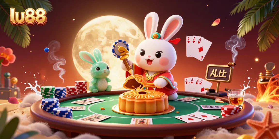 Experience the excitement of lu88 with a vibrant 3D illustration featuring a moon rabbit and poker elements.