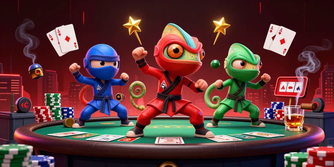Experience thrilling gameplay with BL555's vibrant chameleon heroes at a dynamic casino poker table.