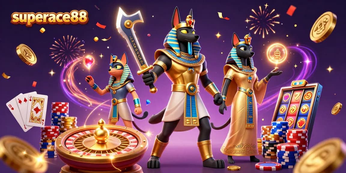 Experience thrilling gameplay at superace88 with ancient Egyptian characters and casino elements in a vibrant scene.