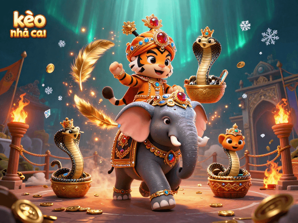 Engage in thrilling kèo nhà cái betting with vibrant tiger and elephant in a rich casino atmosphere.