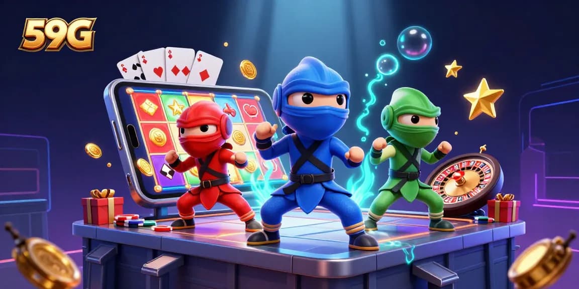 Engage with 59G's vibrant 3D illustration featuring colorful slot games and casino elements