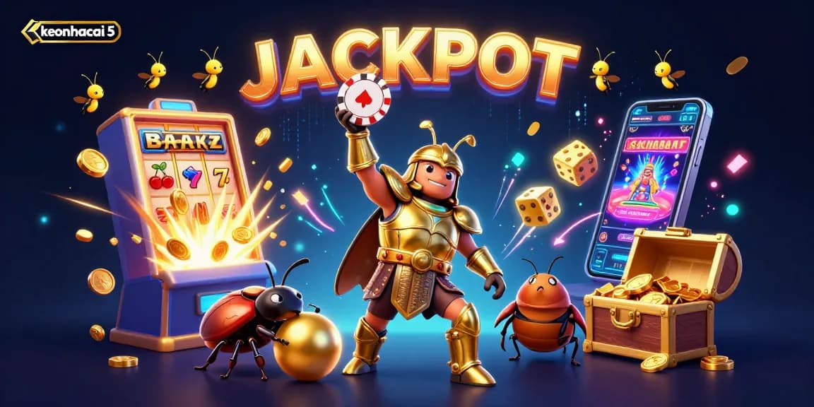 Experience keonhacai 5 with a vibrant 3D beetle scene celebrating big wins in online gambling.