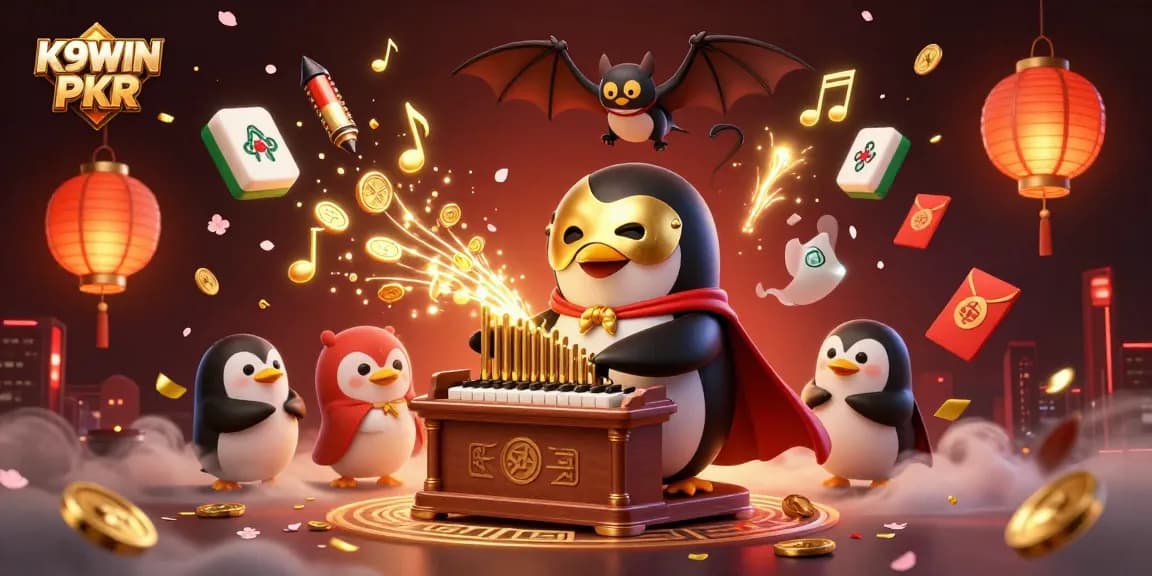 Experience K9WIN PKR excitement with a cartoon penguin highlighted by golden coins, live actions, and rich visuals.
